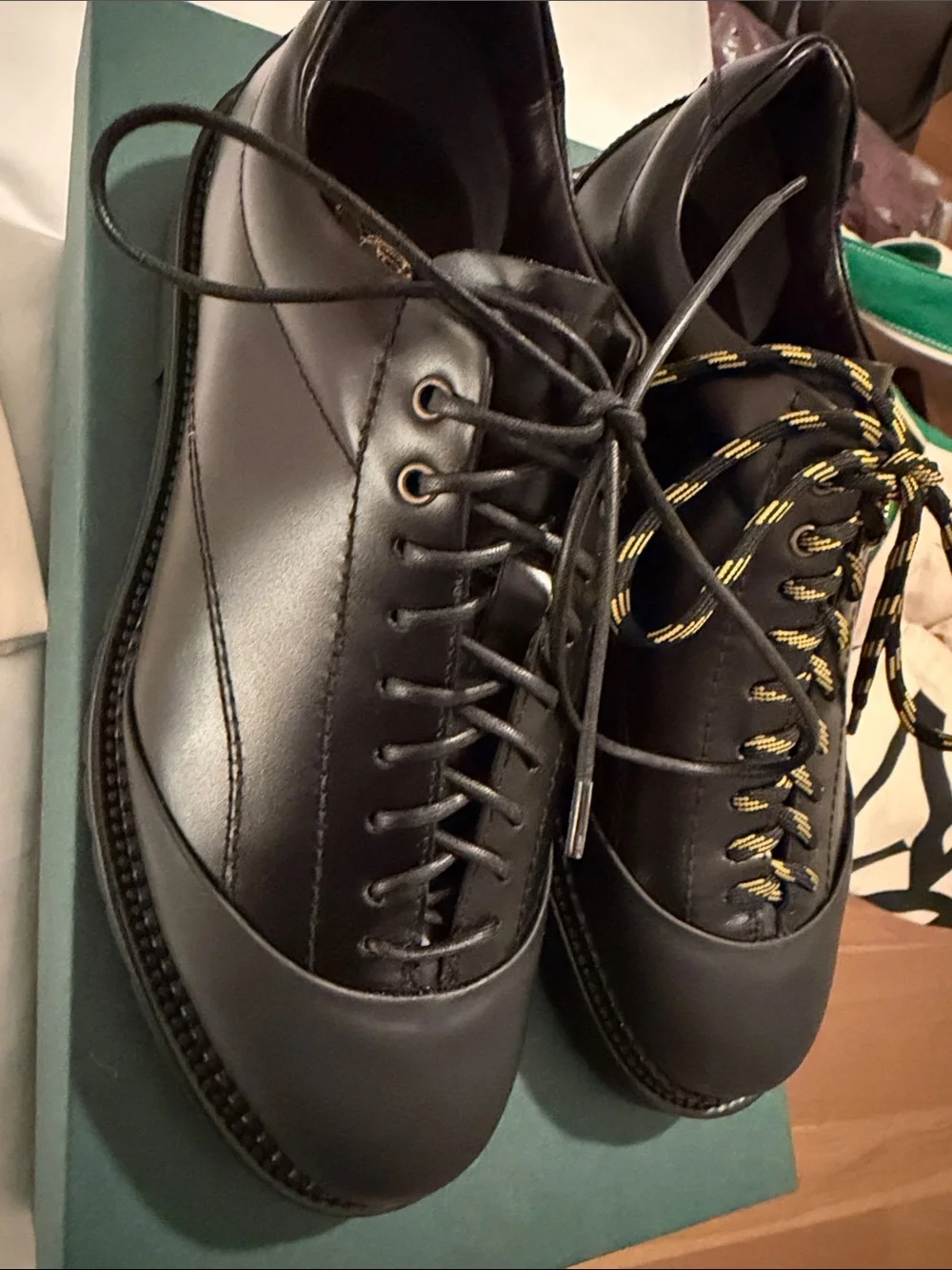 Aime Leon Dore Black Leather Derby Shoes with Yellow-Accent Laces